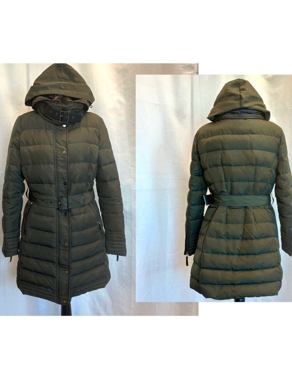 Zara dark olive army green puffer quilted full zip belted hooded coat jacket L